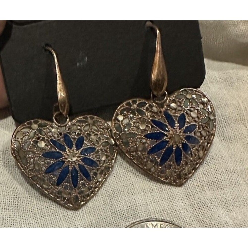 Guilloche Dyadema Earrings Blue Enamel Rose Gold Vermeil Sterling Silver Heart